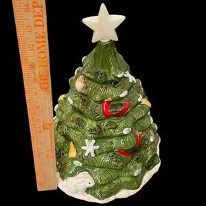 Vintage Musical Christmas Tree Cookie Jar Lighted Star Ceramic Holiday Woodland